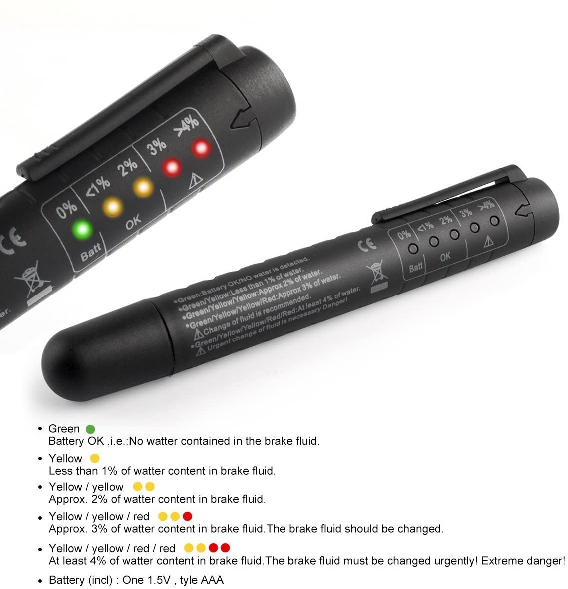 HHTEC Brake Fluid Tester Pen with LED Indicator, Car Brake Oil Tester for DOT3 DOT4 DOT5, Water Content Detector - Image 2