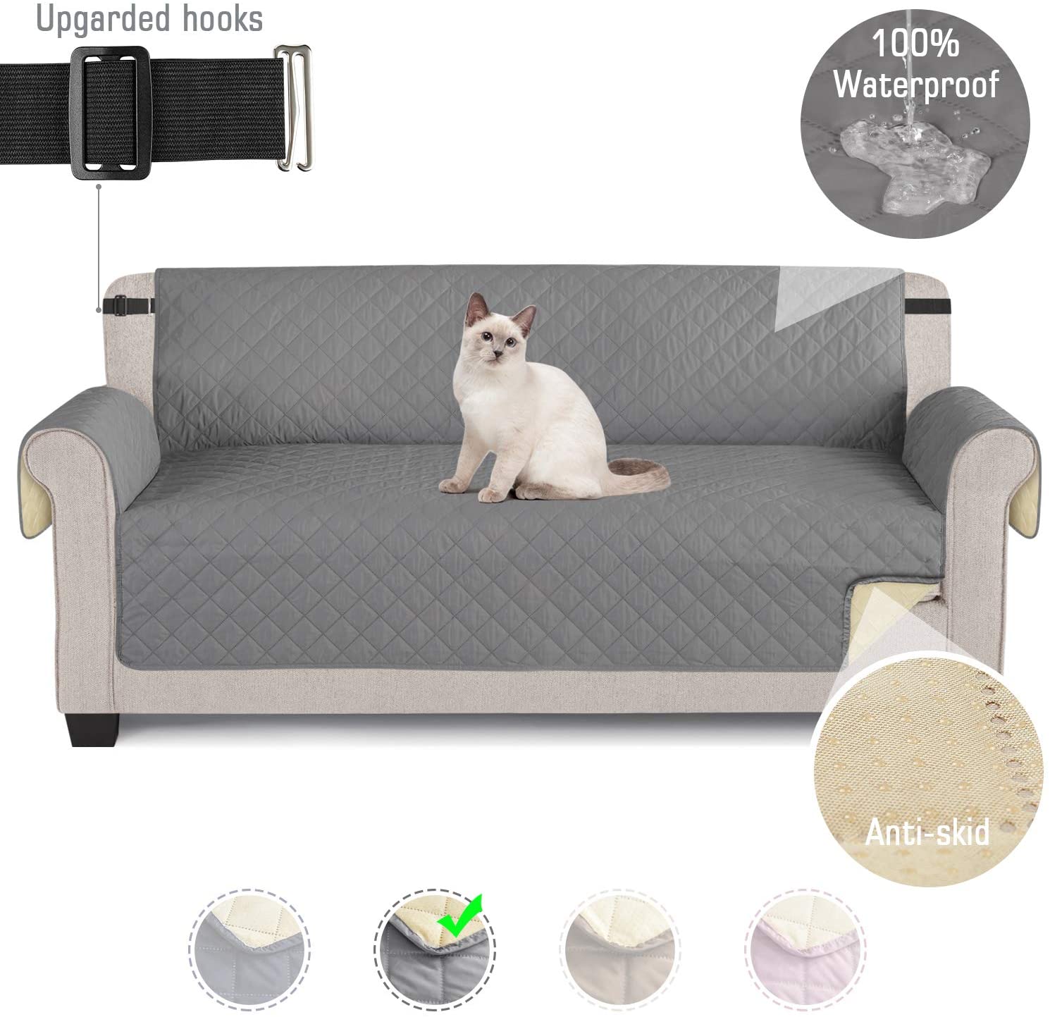 TAOCOCO Sofa Slipcovers 100% Waterproof Sofa Covers 3 Seater,Settee Covers with Storage Pockets,Anti Slip Couch Covers,Washable Sofa Protector for Kids/Dogs/Pets(Grey)
