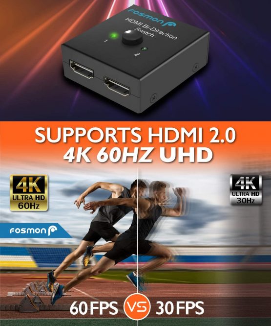 Fosmon 2-Port HDMI 2.0 Switch 4K 60Hz, 2x1 / 1x2 Bi-Directional HDMI Switcher UHD 4Kx2K 3D HD 1080p HDCP, 2 Input 1 Output Splitter Hub Compatible with HDTV, PS4, Xbox One, Apple TV, Roku, Fire Stick - Image 2