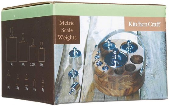KitchenCraft Living Nostalgia Kitchen Scale Weights Set (Metric) with Wooden Holder in Gift Box, Polished Metal, 10 Pieces - Image 3