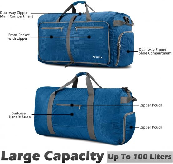 Gonex 100L Foldable Travel Duffel Bag for Luggage Gym Sports, Lightweight Travel Bag with Big Capacity, Water Repellent (Deep Blue) - Image 3