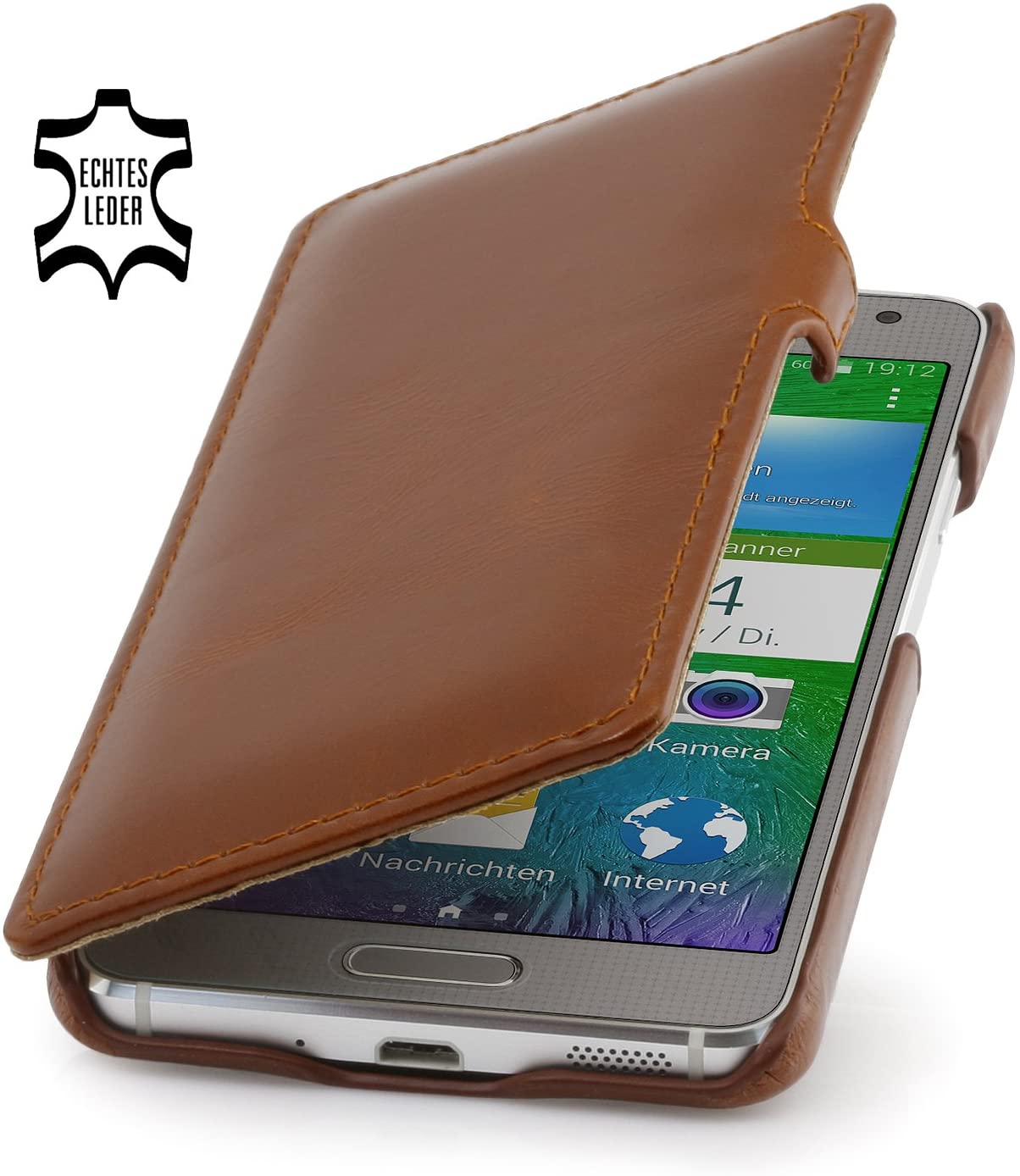 StilGut® Book Type, Leather Case for Samsung Galaxy Alpha Cognac Brown with Clip