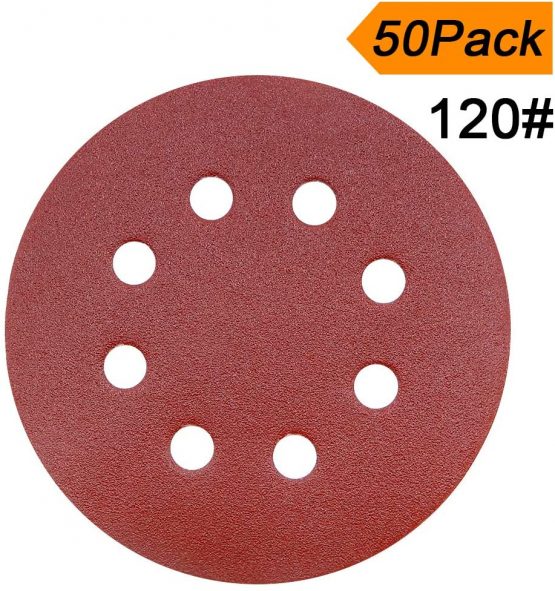 50PCS Sanding Discs Pads 120 Grits 5 Inch Hook and Loop 8-Holes Sandpaper Assorted for Random Orbital Sander