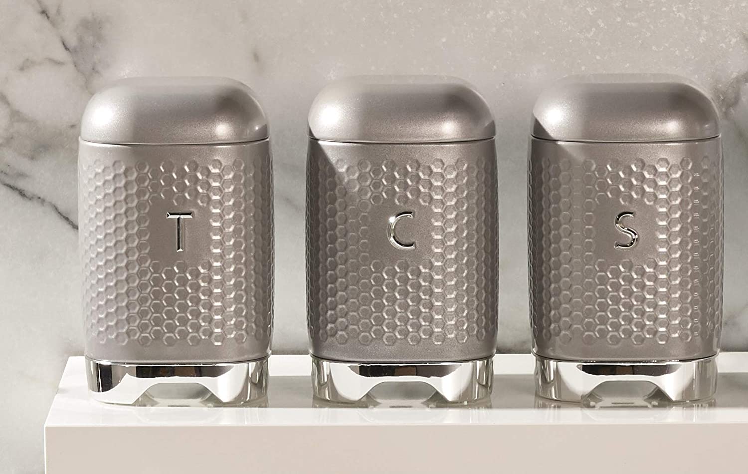 LOVELLO KitchenCraft Textured Tea/Coffee/Sugar Canisters with Geometric Hexagon Pattern, Steel, Shadow Grey, 3 Pieces - Image 2