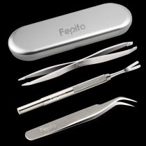 FEPITO 4 Pcs Stainless Steel Tick Remover Tool Set Pet Dogs Cats Ticks Remover Kit Including 1 Pcs Tick Removal Tweezers 1 Pcs Sharp Rake 1 Pcs Two Clips and 1 Pcs Pretty Box