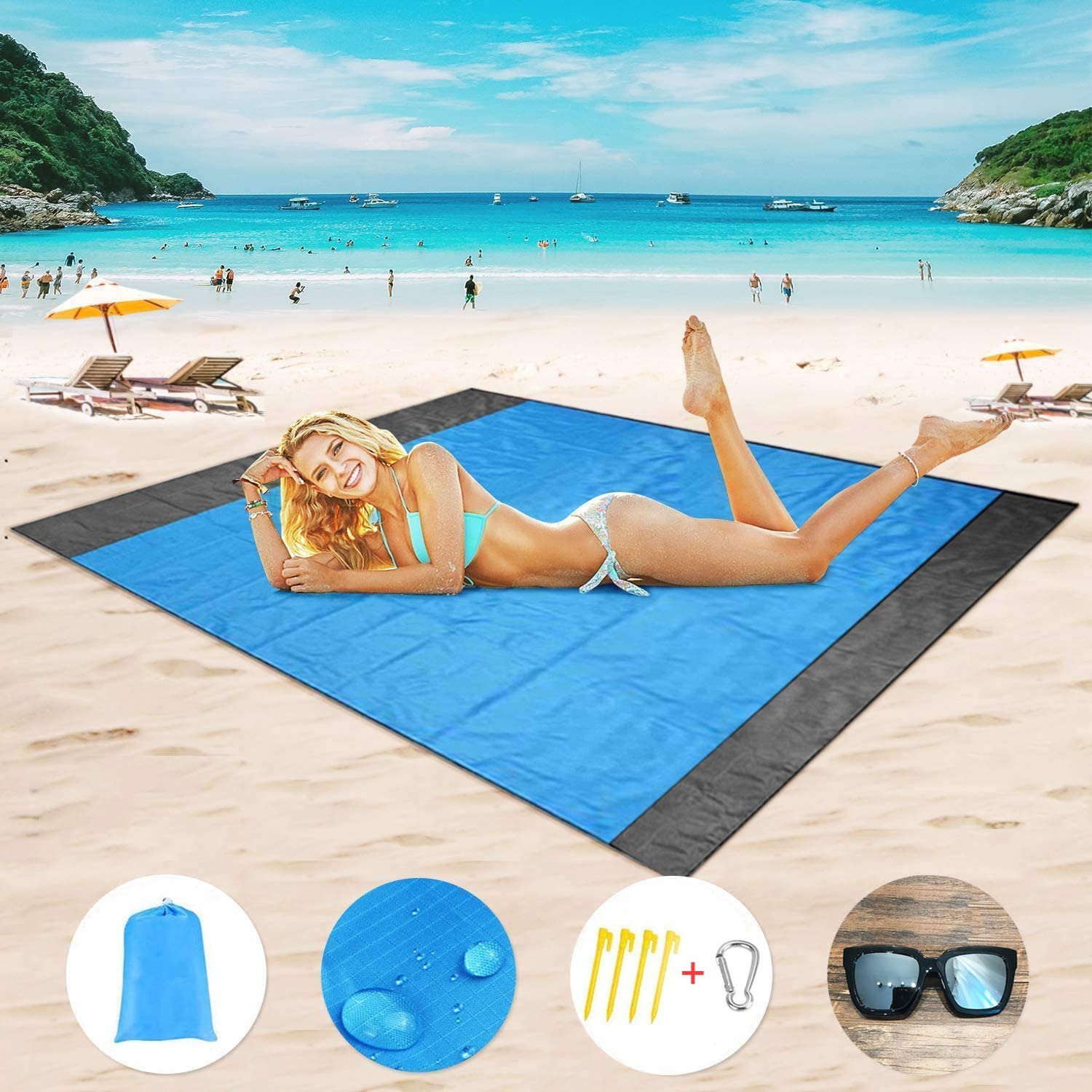 Kyhon Outdoor Beach Mat Picnic Blanket,Extra Large 210 x 200cm Waterproof Portable Picnic Beach blanket,Sandproof with 4 Fixed Nails,Reinforced Edging for Beach,Park,Camping,Hiking & Family Concerts