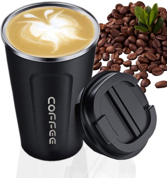 Black Coffee Cup, MOMSIV Vacuum Reusable Leakproof Double Wall Coffee Cup, Insulation Stainless Steel Eco-Friendly Travel Office Mug for Hot Coffee Tea and Cold Drinks, 13oz/380ml