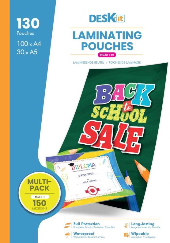 Deskit A4 and A5 Laminating Pouches, Matt, 150 Microns, Multipack of 130. Clear and Durable Presentations with a Modern Finish for Various Projects.