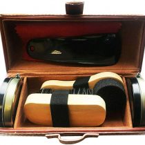 Shoe Polish Kit Cleaning Shine Care Barrel Set For Brown Black Leather With Brush Travel Case Luxury Premium Soft Horsehair Bristle Dauber, Wooden Applicator, Shoehorn, Cloth 7 Piece