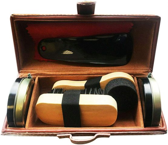 Shoe Polish Kit Cleaning Shine Care Barrel Set For Brown Black Leather With Brush Travel Case Luxury Premium Soft Horsehair Bristle Dauber, Wooden Applicator, Shoehorn, Cloth 7 Piece