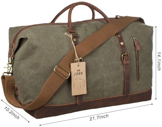 S-ZONE 52L Large Canvas Genuine Leather Trim Travel Tote Duffel Shoulder Weekend Bag Unisex Weekender Overnight Carryon Handbag Shoulder Bag - Image 2