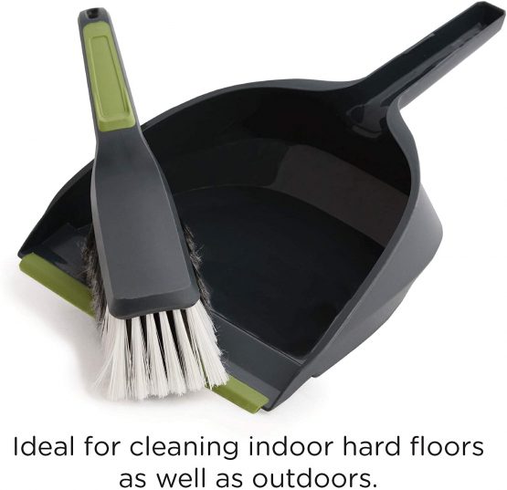 CleanPEAK Large Dustpan and Brush Set with Soft Grip Handle, Soft Bristles, Flexible Pan Edge, Grey / Green - Image 2