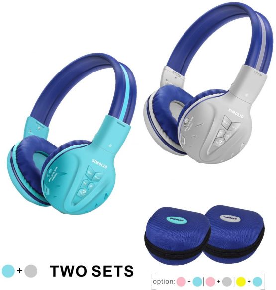 2 Pack of SIMOLIO Kids Bluetooth Headphones with Hearing Protection,Kids Wireless Headphones with EVA case for School and Travel, Wireless Children Headphones for Boys, Girls, Teenagers (Grey+Mint)