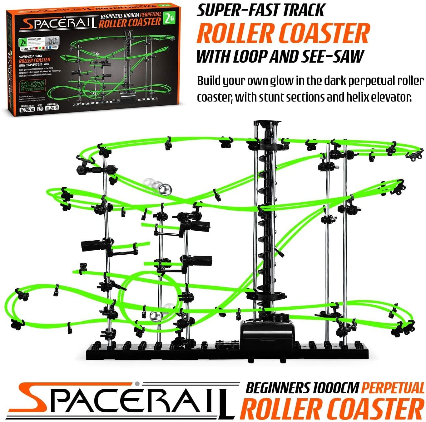 CKB LTD SpaceRail Perpetual Rollercoaster Glow in The Dark Level 2 Marble Roller Coaster Run