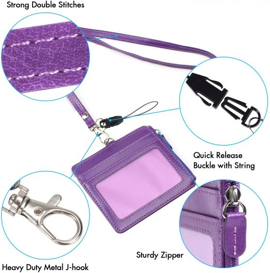 Badge Holder with Zip, Wisdompro 2-Sided PU Leather ID Badge Holder with 1 ID Window, 4 Card Slots, 1 Side Zipper Pocket and 1 Piece 20 Inch PU Neck Lanyard/Strap - Purple (Horizontal) - Image 3