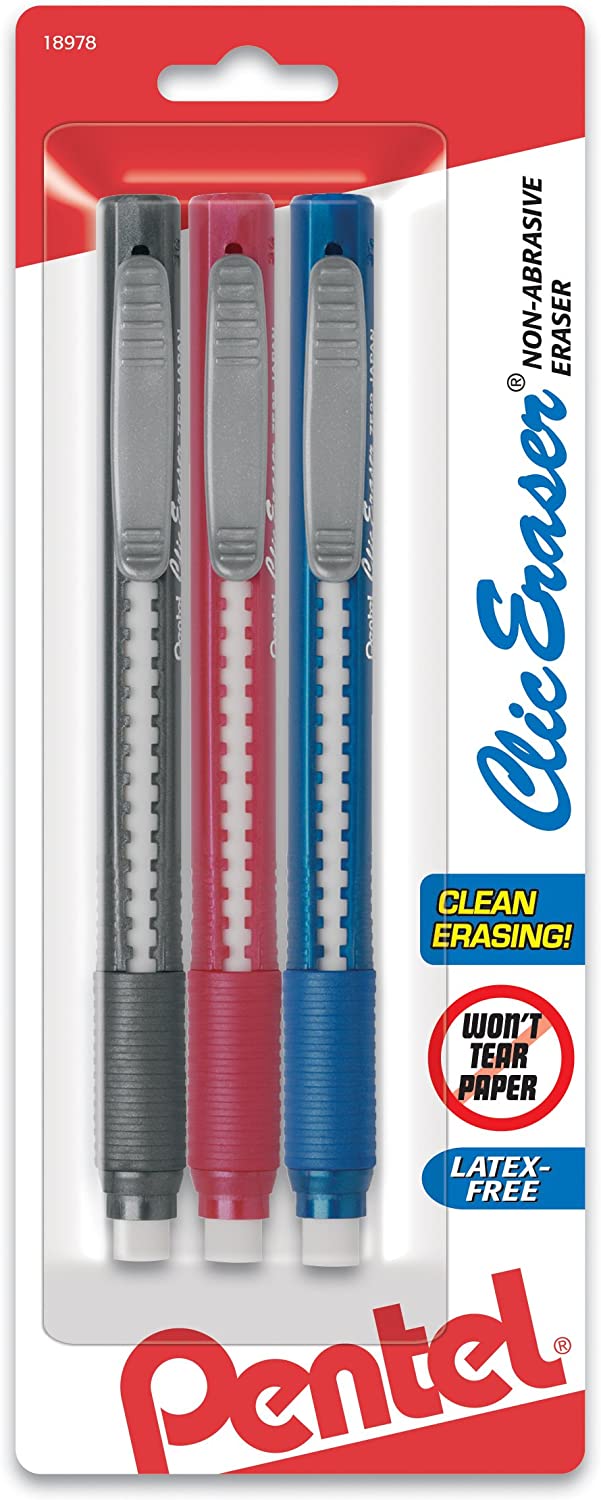 Pentel Clic Retractable Erasers, Multi-Colour, 1.6300000000000001 x 7.3199999999999994 x 18.420000000000002 cm