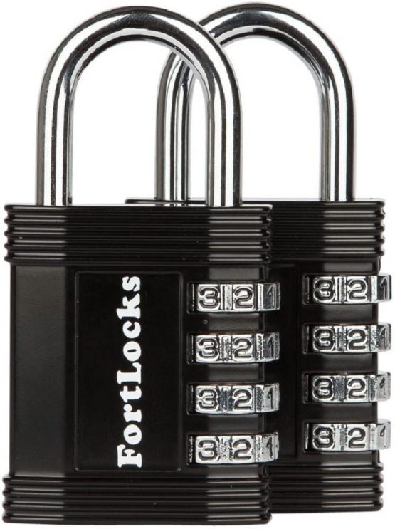 FortLocks Padlock Set - 4 Digit Combination Lock for Gym Outdoor & School Locker, Fence, Case & Shed - Heavy Duty Resettable Set Your Own Combo - Waterproof (Black, 2 Pack)