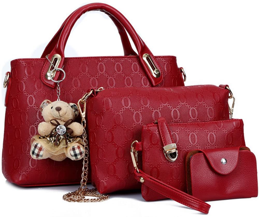 FiveloveTwo Women 4Pcs Top Handle Satchel Hobo PU Leather Handbag Set Large Tote + Purse + Shoulder Bag + Card Holder red