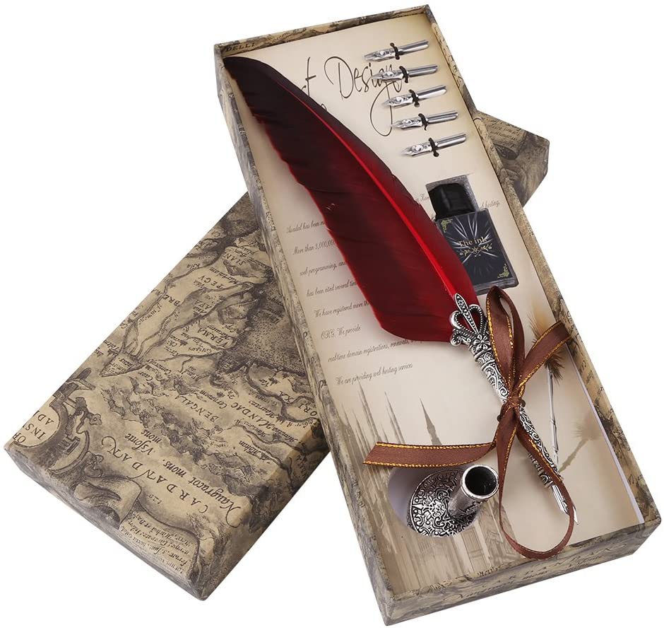 Feather Quill Pen Calligraphy Set - Dip Pen With 18 Nibs, Ink & Stand In Gift Box