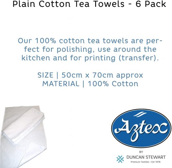 aztex Plain Cotton Tea Towels, 100% Cotton, Pack of 6, 170gsm, White - Image 3