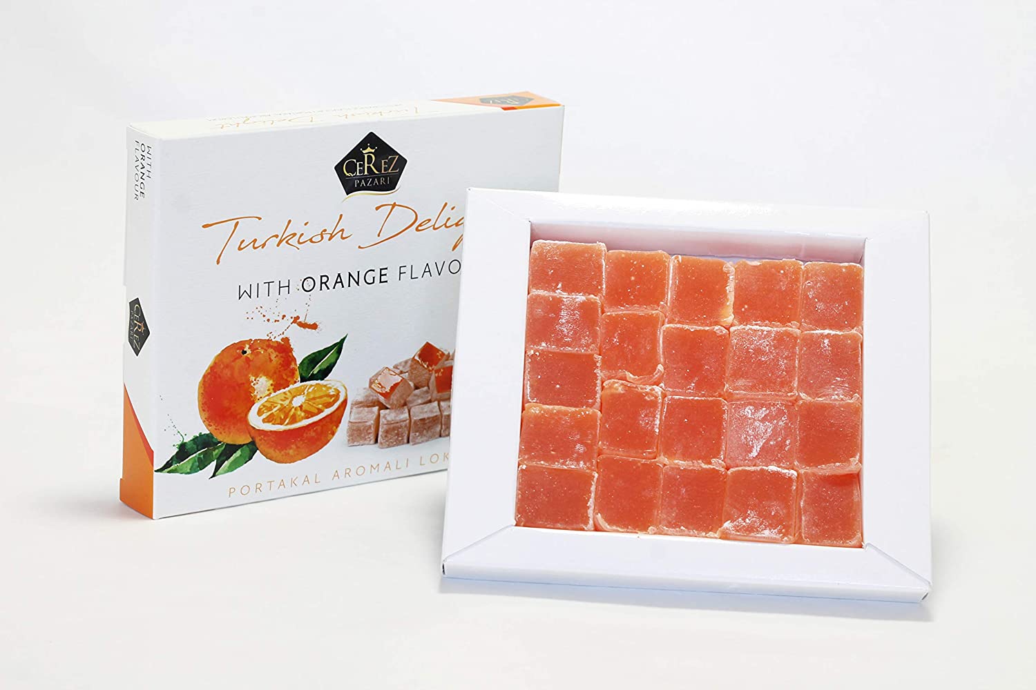 Cerez Pazari Turkish Delight with Orange Flavor 230g, Gourmet Small Size Snacks Gift Box - Image 2