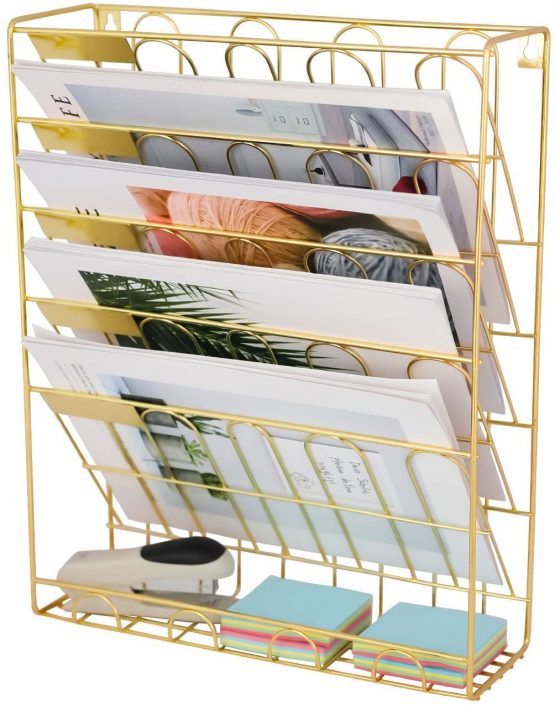 EasyPAG 6 Tier A4 Metal Wire in Tray Hanging Wall File Holder Mail Organiser Magazine Storage Rack,Gold - Image 3