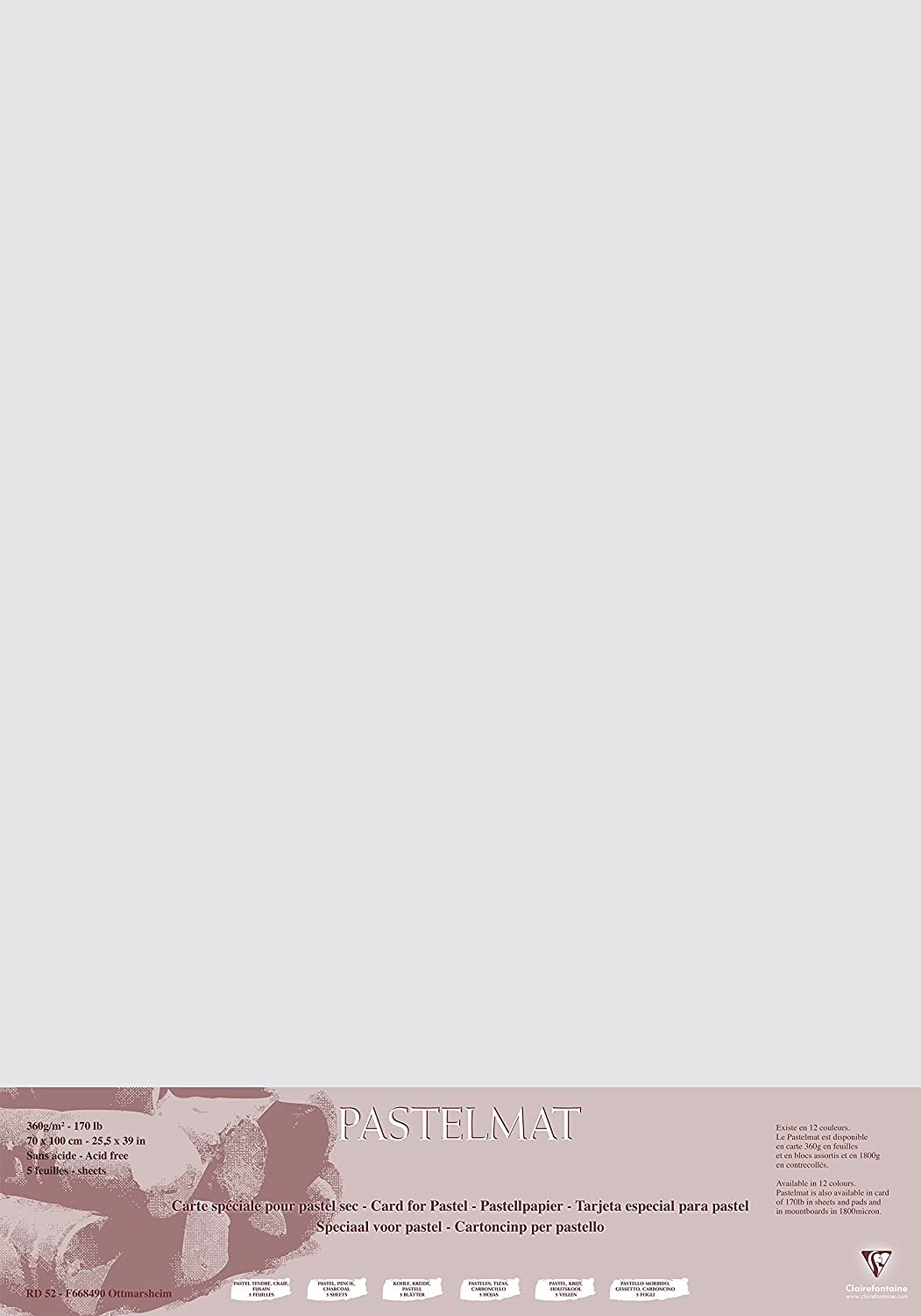 Clairefontaine, Ref 296020C, Pastelmat Card Sheets (Pack of 5 Sheets), 360gsm Card, 70 x 100cm, Light Grey Colour - Image 2