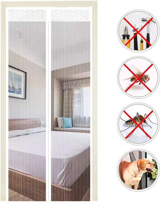Magnetic Screen Door, Polyester Magnetic Door Fly Screen Curtain Magic Paste Curtains Super Quiet Stripes Encryption for Anti Mosquito or Anti Pest Magnetic Soft Door (White, 140 x 240 cm)