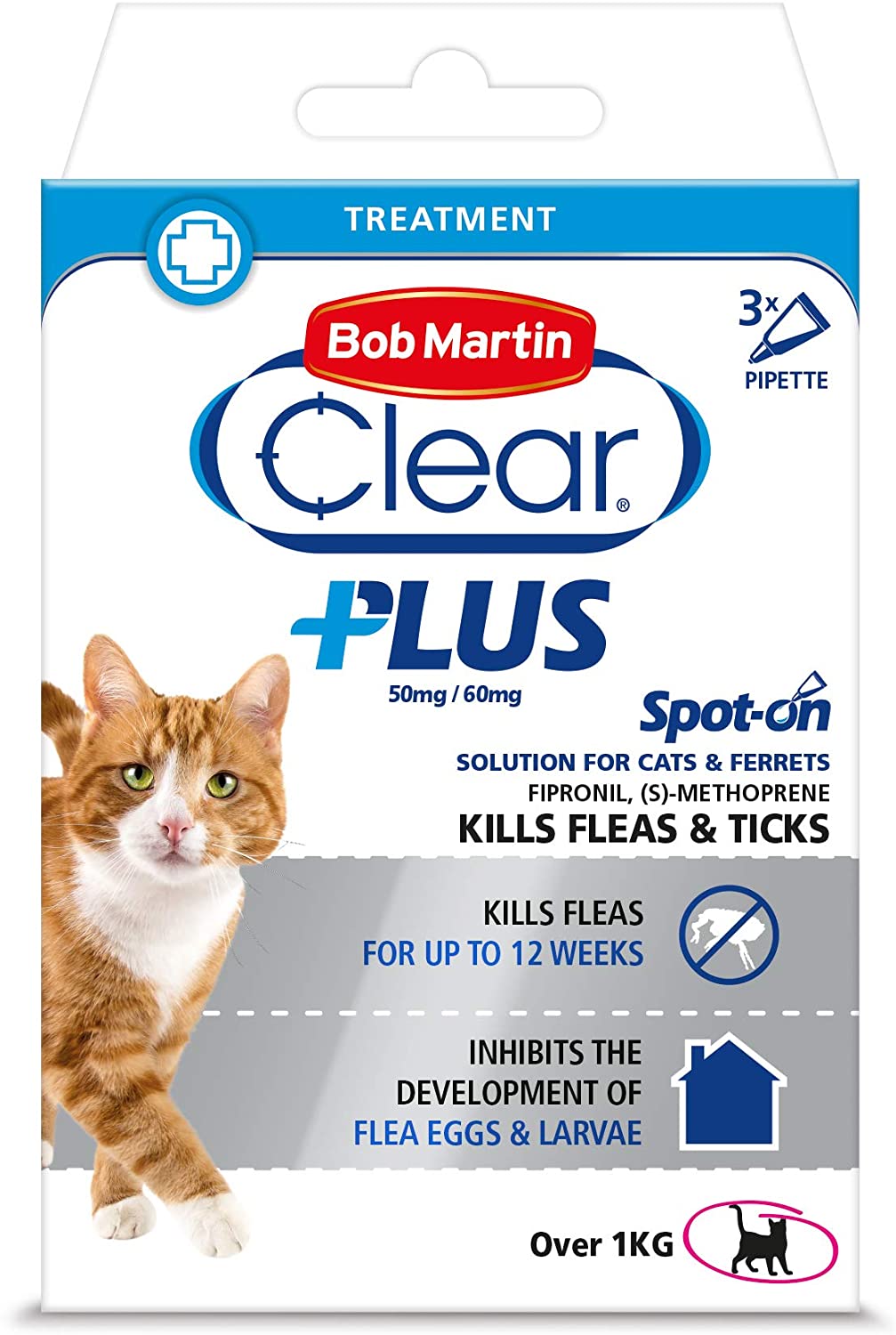 Bob Martin Clear Plus Spot On Flea Treatment for Cats and Kittens - Kills Fleas, Ticks, Lice and Flea Eggs (3 Pipettes)