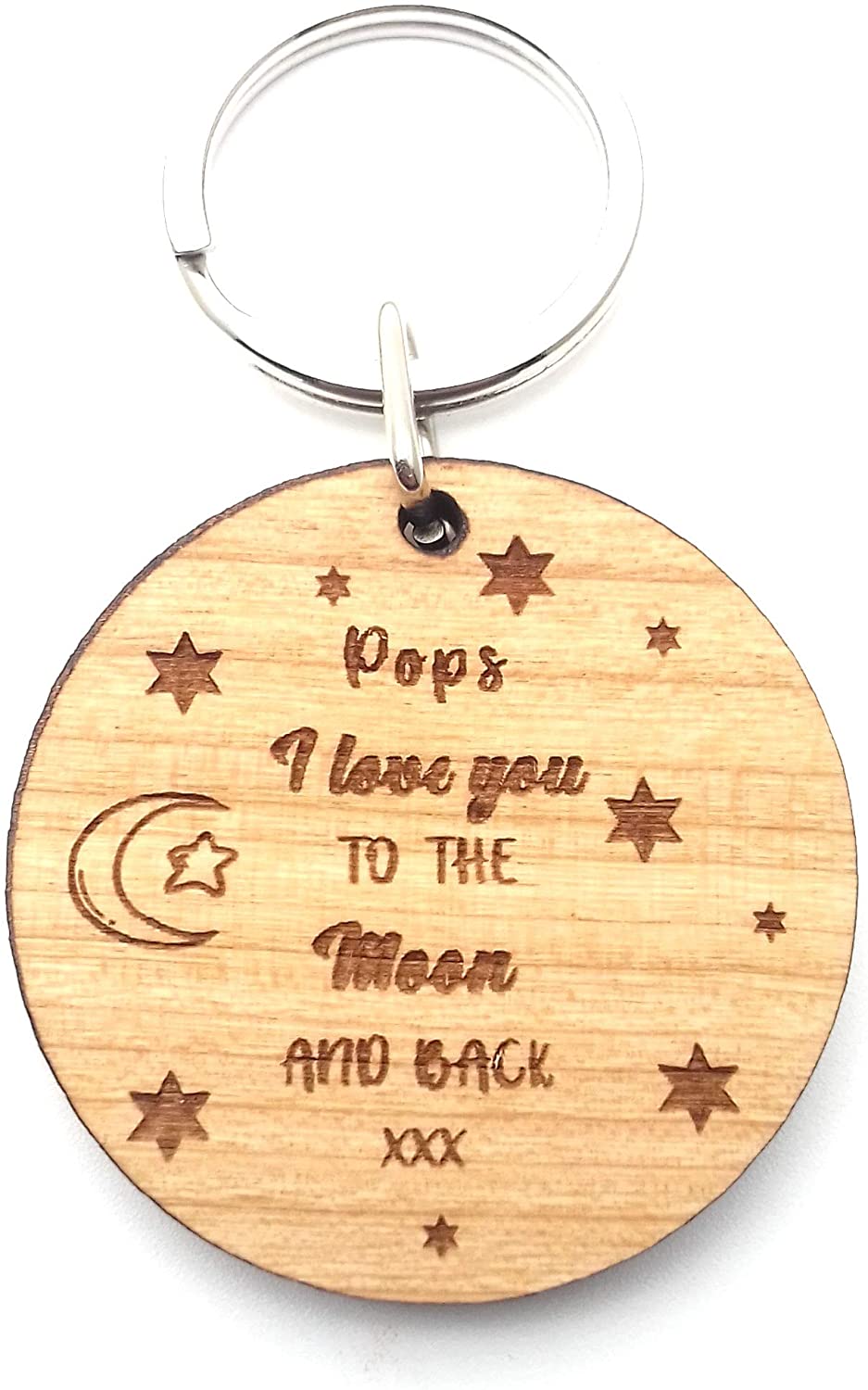 Pops I Love You to The Moon and Back Wooden Wood Keyring Key Ring Birthday Christmas Keepsake for Him, Brown, 40mm x 40mm x 5mm