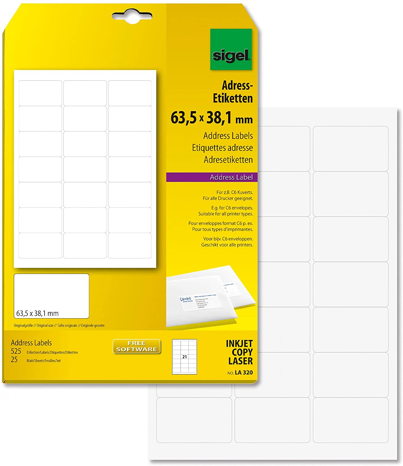 SIGEL LA320 Universal Address Labels, 6.35 x 3.81 cm, 525 lbl equal to 25 sheets, White, A4