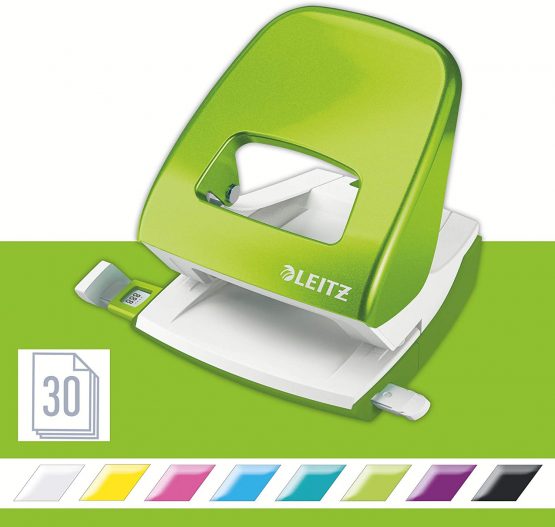 Leitz 50081054 Hole Punch, 30 Sheets, Guide Bar with Format Markings, Metal, WOW Range, Green