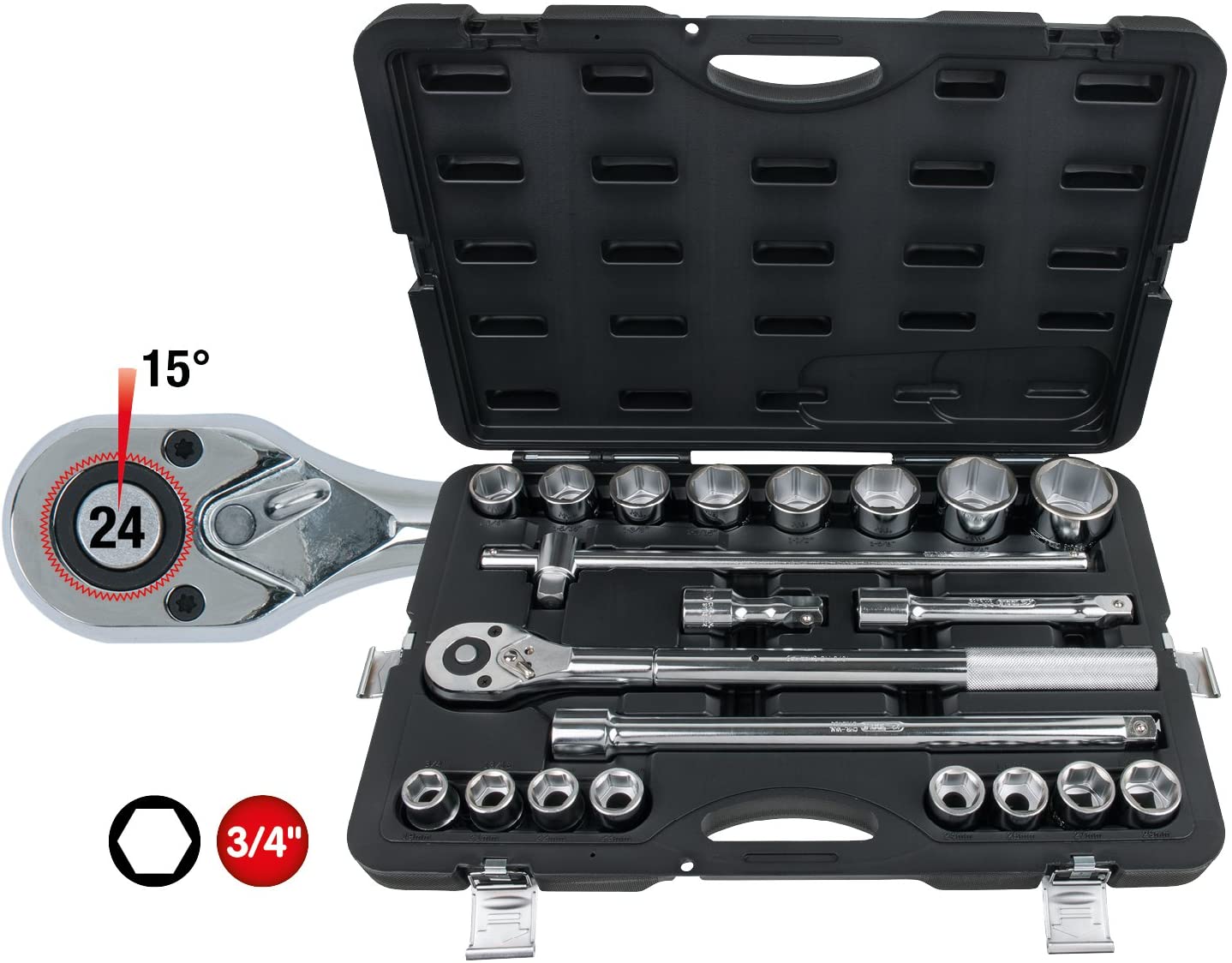 KS Tools 911.0721 3/4-inch Classic Socket Set (21 Pieces), Red, Black, 3/4" - Image 2