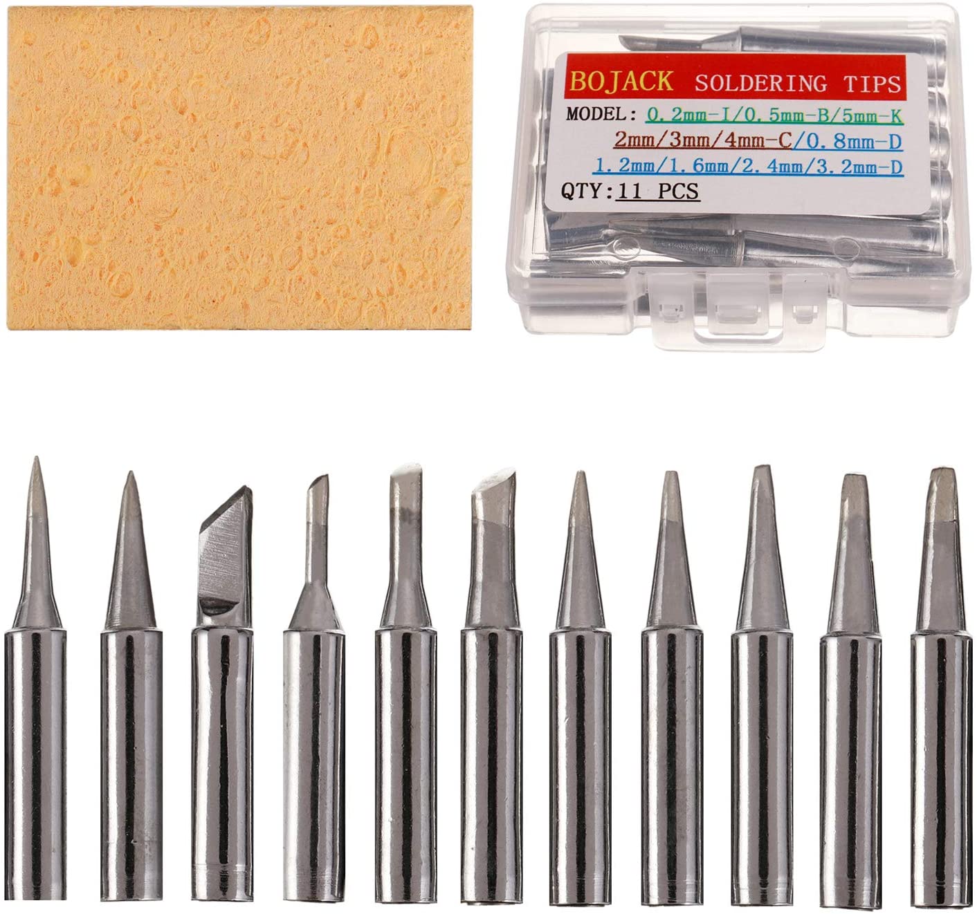 BOJACK 11pcs Soldering Iron Tips Kit and 1pcs Free high Temperature Cleaning Sponge for 936 937 938 942 951 969 907 907-ESD 900M 900M-ESD 852 852D Soldering Station