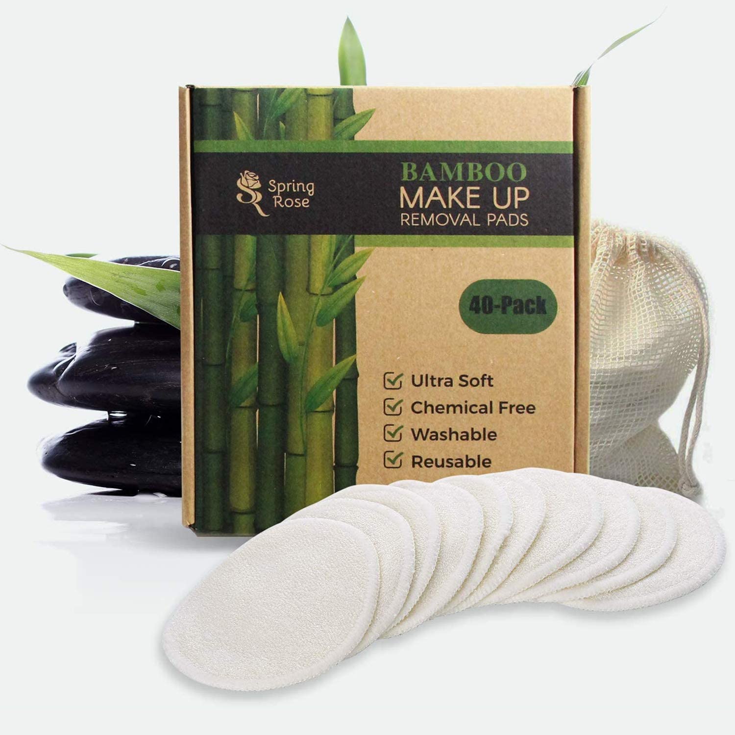 Spring Rose Bamboo Cotton Pads 40 Reusable Cloth Rounds with Bag and