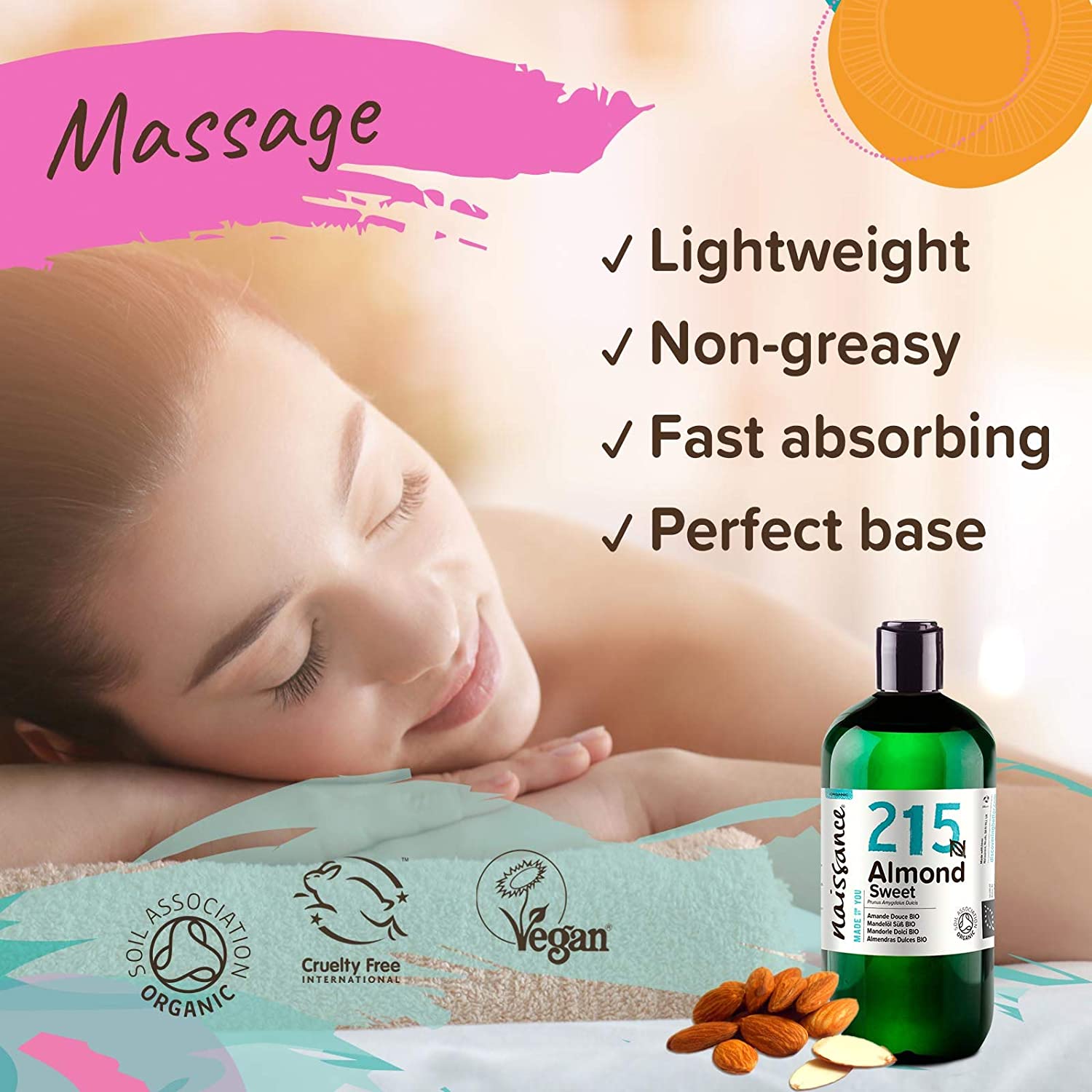 Naissance Certified Organic Sweet Almond Oil (no. 215) 450ml, for Skin Hair, Massage, Nails, Ears, Face, Body, Stretch Marks - Image 3