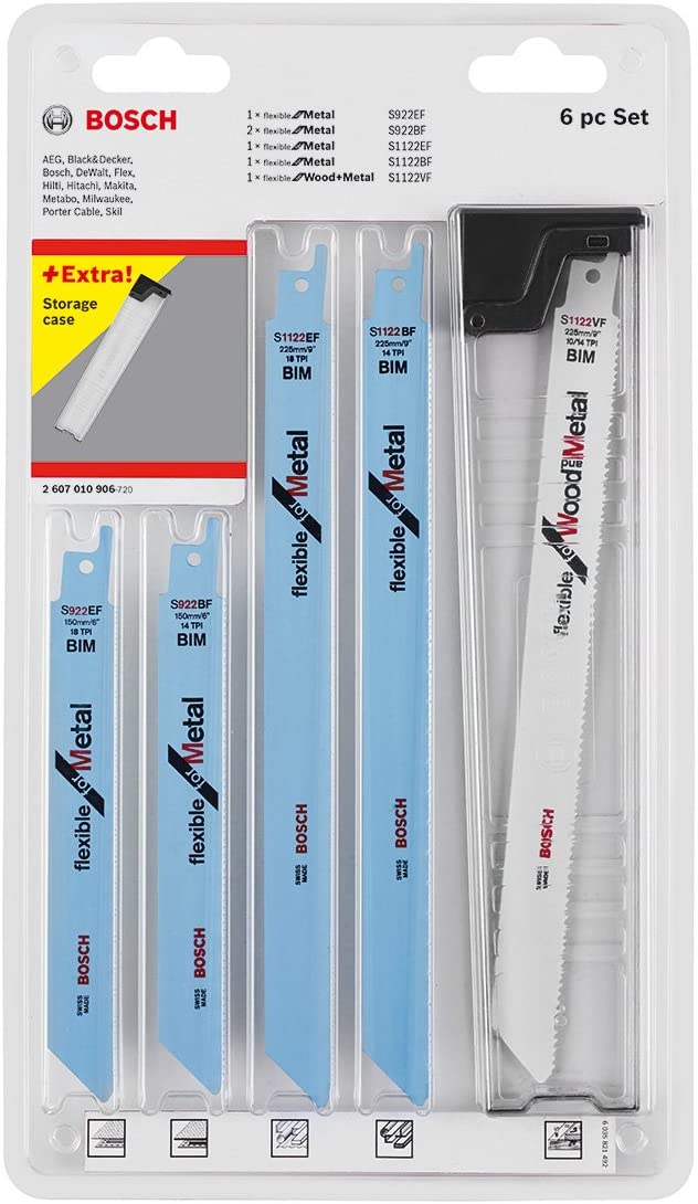 Bosch 2607010906 Jigsaw Blade-Set for Wood/Metal, 0 V, White/Blue, Set of 6 Piece