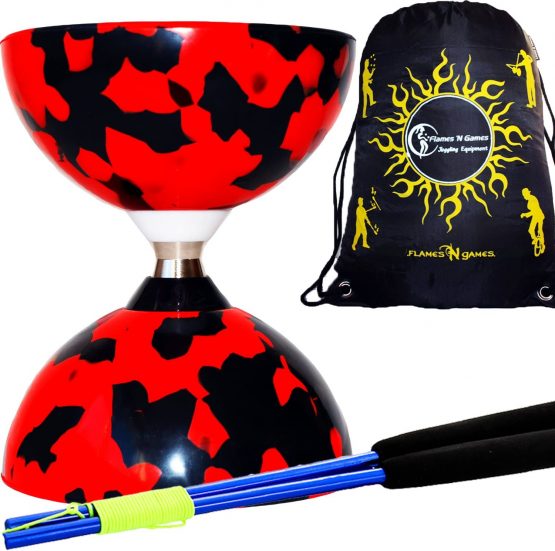 Juggle Dream JESTER Ball Bearing Pro Diabolo Set + Matching Metal Ali Diabolo Handsticks, Diablo String + Diabolos Travel Bag. (Black/Red Diabolo + Blue Handsticks) - Image 2