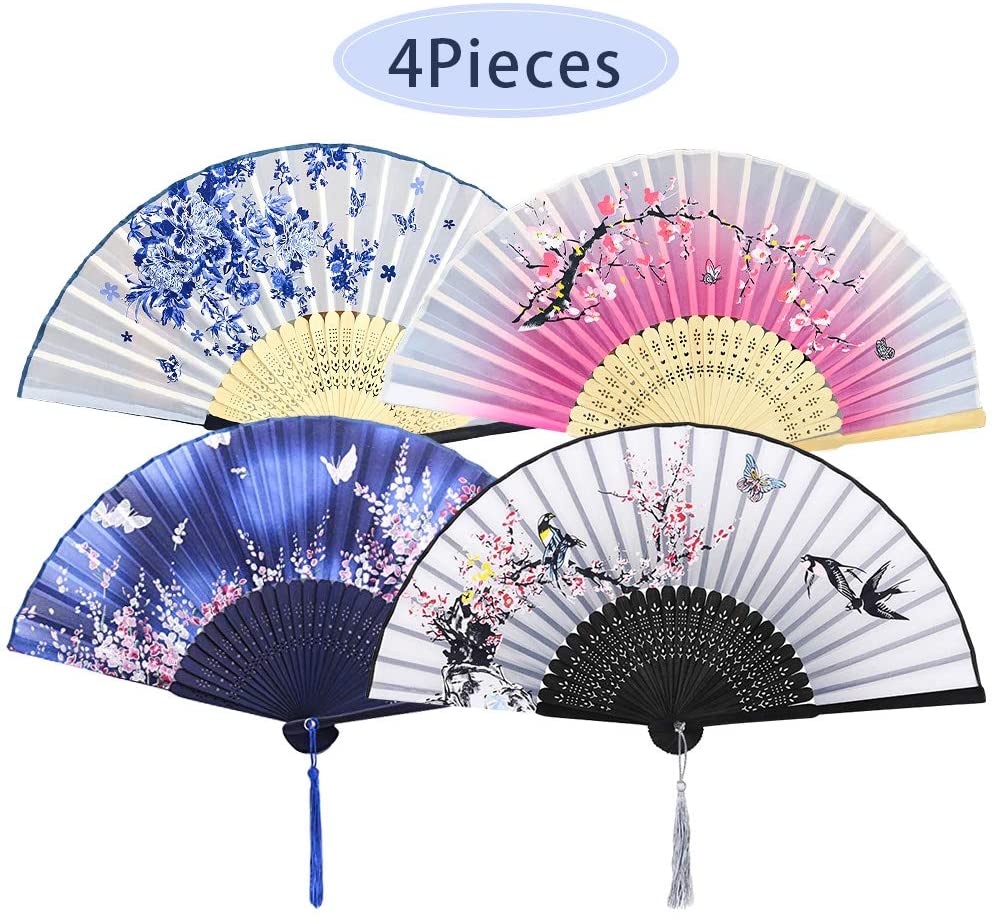 NETUME 4 Pieces Hand Folding Fans for Women Silk Fabric and Hollow Carved Bamboo Handheld Folding Fan