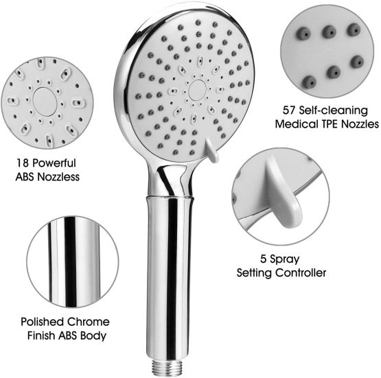 ASTOTSELL Shower Head Kit with Hose and Showerhead Holder Bracket, Fixed Handheld Shower Universal Fitting with Adjustable 5 Sprays Modes for Slide Bar Adjustable 19-25MM O.D, Chrome Plated - Image 4