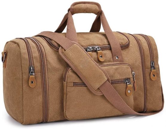 Plambag by Gonex Expandable Canvas Holdall Bag for Men, 40L / 50L Large Duffel Bag for Men with Multi-Pockets, Overnight Weekend Bag, Unisex Holdall Travel Duffle Bag, Weekender Bag for Men & Women, Coffee