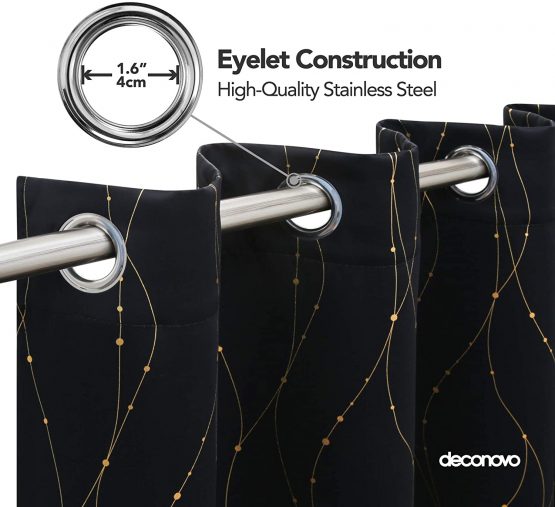 Deconovo Black Curtains, Gold Dotted Line Foil Printed Blackout Curtains, Thermal Insulated Curtains, Eyelet Curtains for Living Room, 46 x 72 Inch(Width x Length), Black, 2 Panels - Image 4