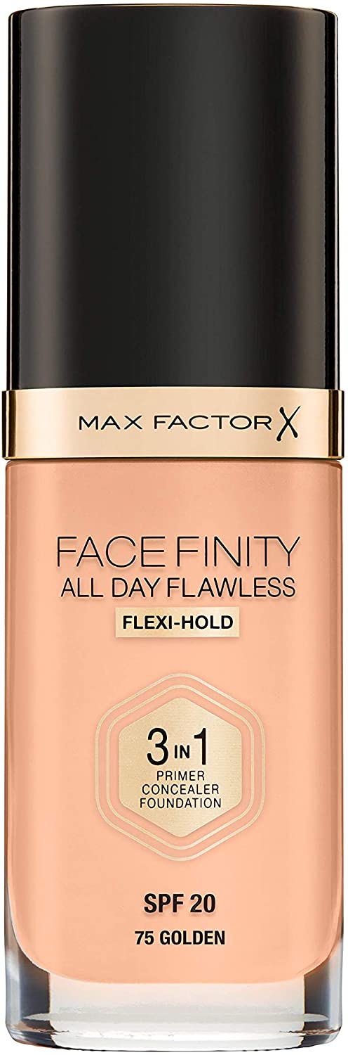 Max Factor Facefinity All Day Flawless 3 in 1 Liquid Foundation, Lightweight Oil Free Formula with SPF 20, 075 Golden, 30 ml