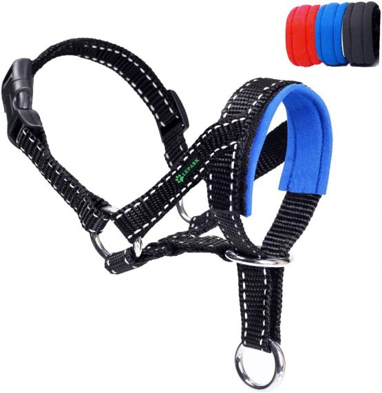 ILEPARK Dog Head Collar with Reflective Strap, Head Halter Collar for Dogs, Adjustable and Easily Control, for Small Medium and Large Dogs. (L,Blue)