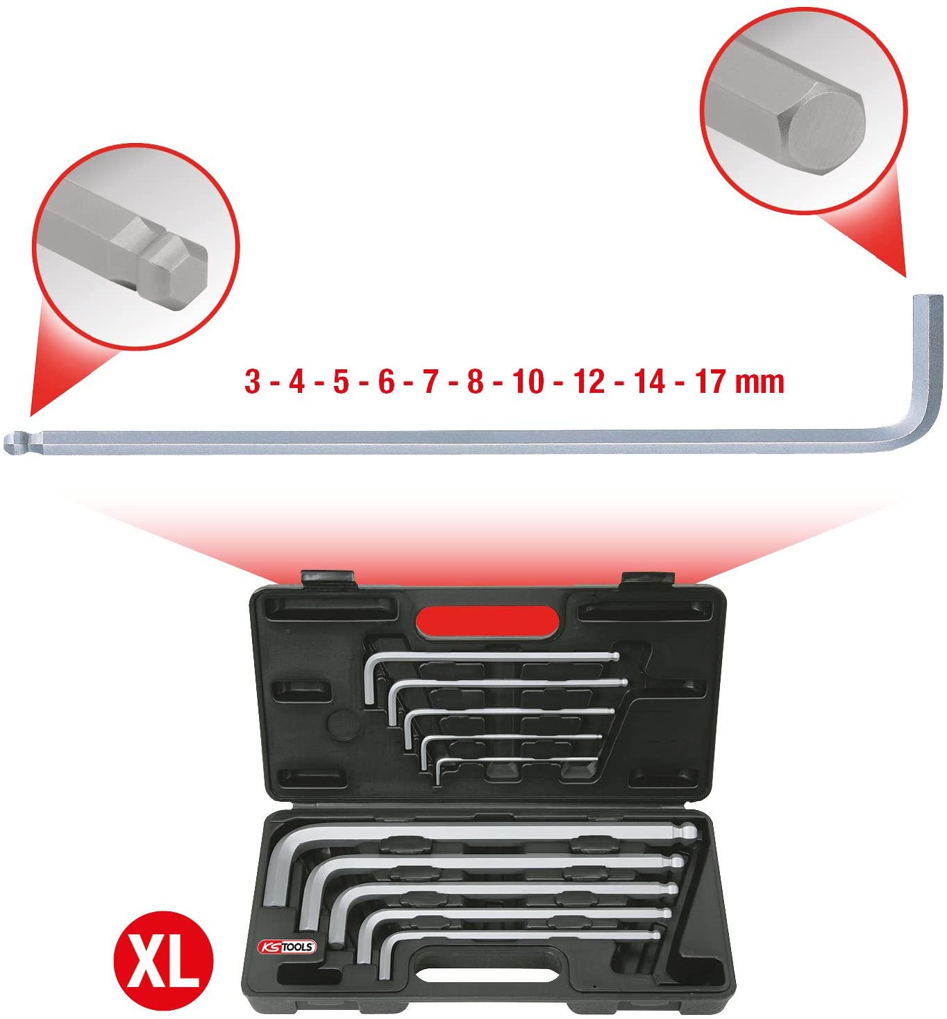 KS Tools 151.2150 3-17mm XL Classic Key Wrench Set Hex/Ball Ended (10 Pieces), Chrome - Image 2
