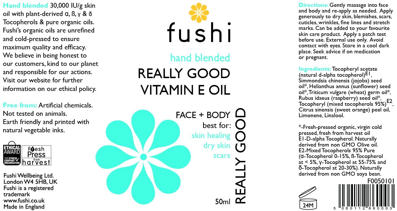 Fushi Really Good Organic Vitamin E Skin Oil 50ml, 30000IU/G 100% Natural Vitamin E Best for Skin soothing Dry Skin, Wrinkles - Image 4