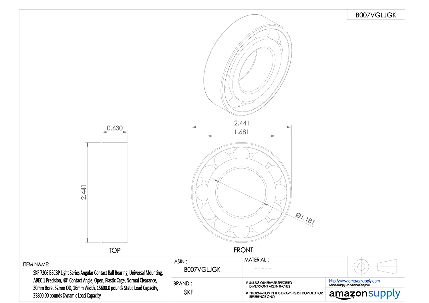 SKF 7206 BECBP Angular Contact Radial Ball Bearing, steel - Image 2