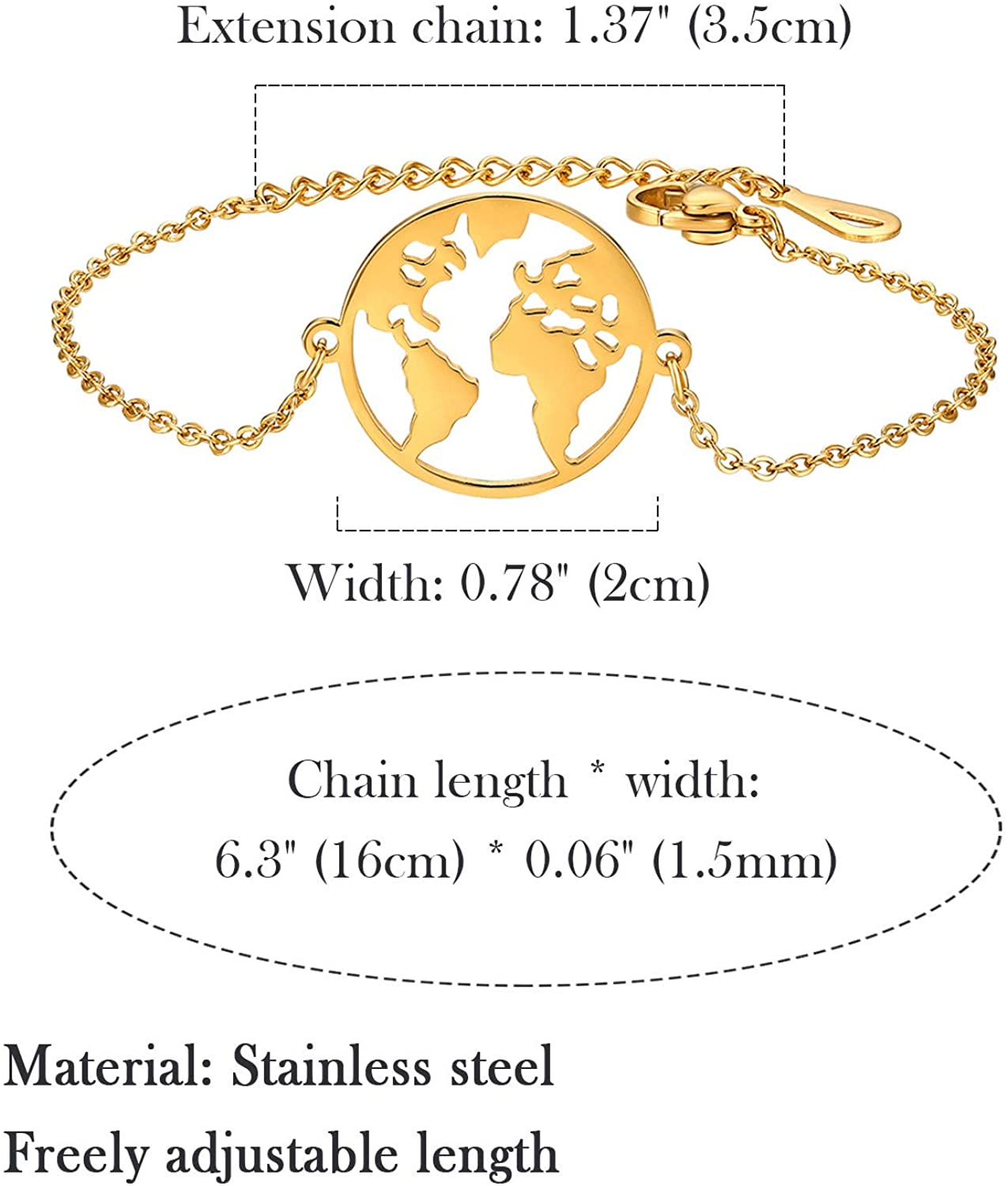 Cupimatch Adjustable Hollow World Map Bracelet Link Stainless Steel Jewelry Gift for Women Girls, Gold, 6.3 inches - Image 3