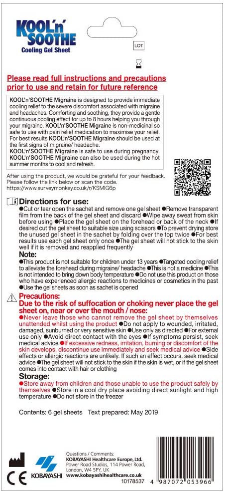 KOOL 'N' SOOTHE MIGRAINE Cooling Gel Sheets/ 6 Pack/Immediate Cooling Relief for Migraine & Severe Headache - Image 2
