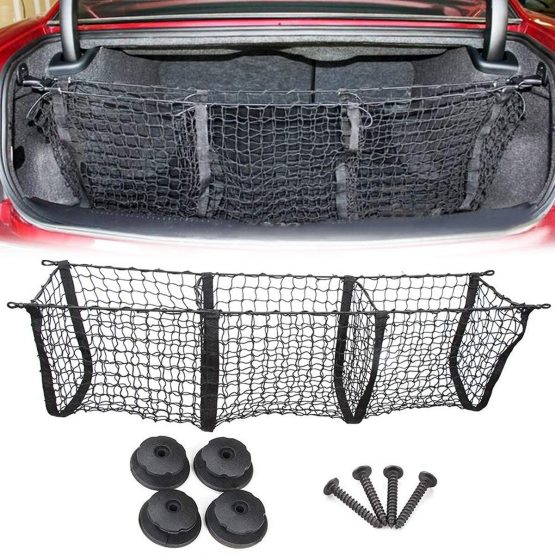 Techson Cargo Net with Hooks, Stretchable Elastic Nylon Storage Net, Heavy Duty Universal Rear Mesh Organizer for Truck Bed or Trunk (3 Pocket (47.2 x 11.8 inches))